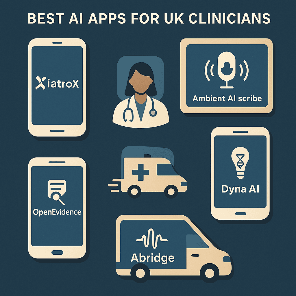 Best AI apps for UK GPs, ANPs, PAs and practice pharmacists (Medwise AI, iatroX, OpenEvidence, Dyna AI, Tortus/Abridge)