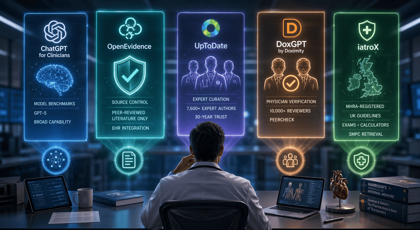 Featured image for Best Clinical AI for Doctors in 2026: ChatGPT for Clinicians vs OpenEvidence vs UpToDate vs DoxGPT vs iatroX